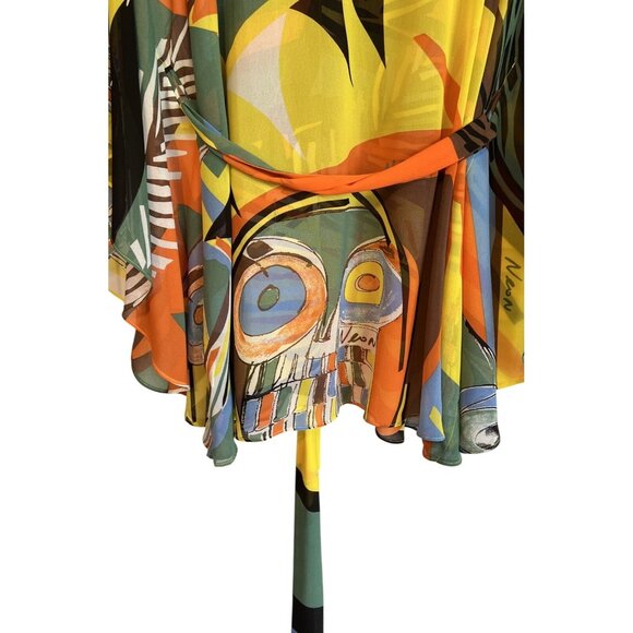 Neon By Macys Sheer Vibrant Owl Print Kimono Blouse Tie-Front V-Neck Womens S - Picture 8 of 8